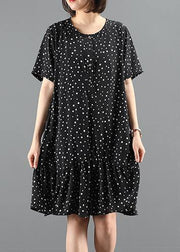 Organic black dotted dresses o neck patchwork Art Dresses - SooLinen