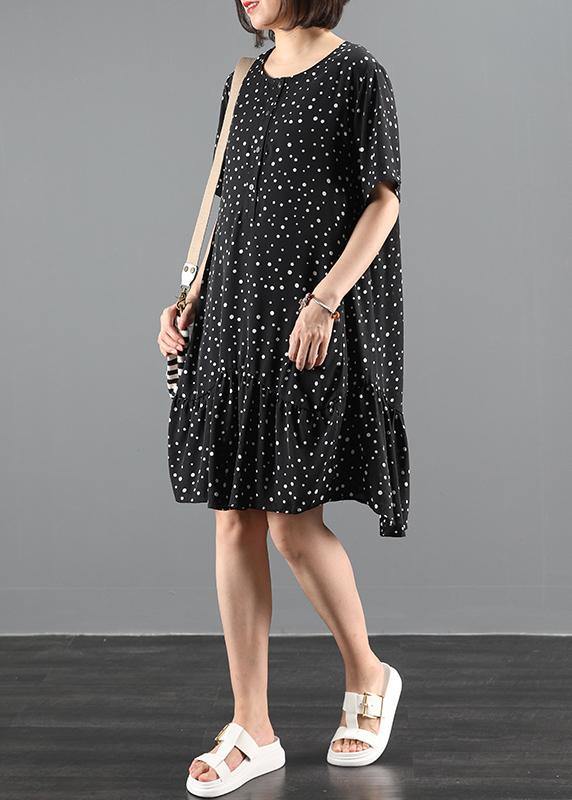 Organic black dotted dresses o neck patchwork Art Dresses - SooLinen