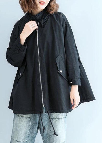 Organic black hooded Fine clothes Sleeve zippered fall short coats - SooLinen