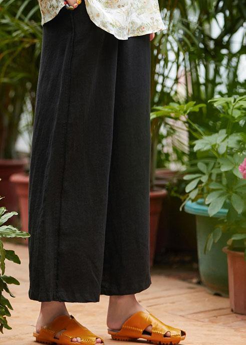 Organic black linen clothes For Women pockets long elastic waist wide leg pants - SooLinen