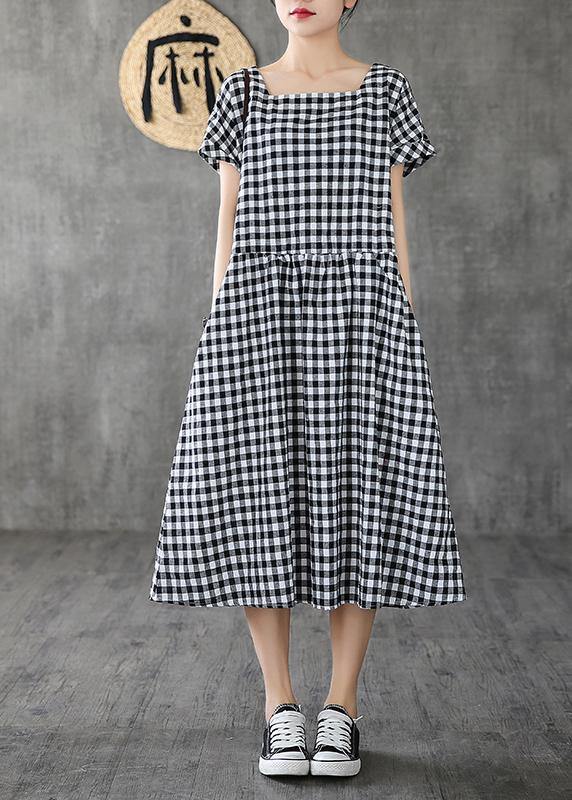 Organic black plaid linen cotton quilting clothes Square Collar patchwork cotton summer Dress - SooLinen