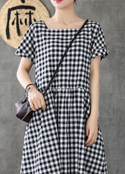 Organic black plaid linen cotton quilting clothes Square Collar patchwork cotton summer Dress - SooLinen