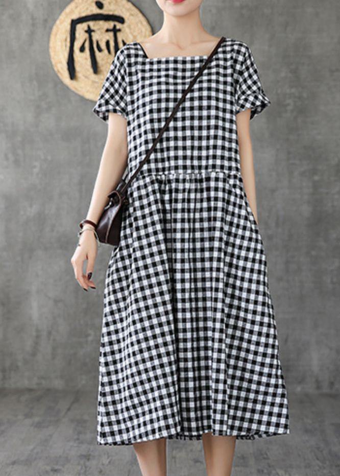 Organic black plaid linen cotton quilting clothes Square Collar patchwork cotton summer Dress - SooLinen