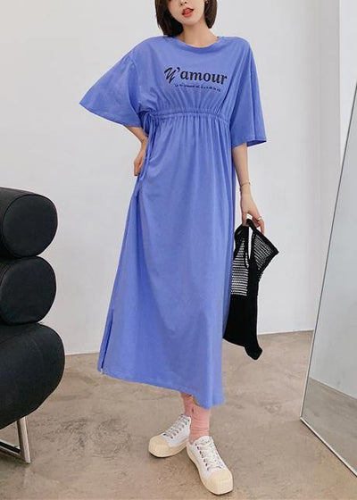 Organic blue Letter clothes For Women o neck Cinched Robe Dress - SooLinen