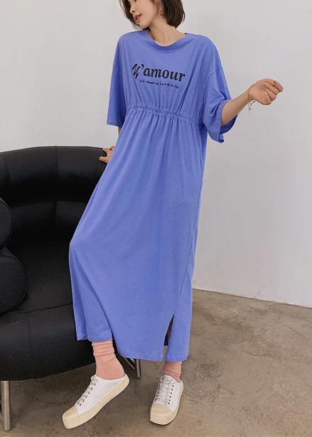 Organic blue Letter clothes For Women o neck Cinched Robe Dress - SooLinen