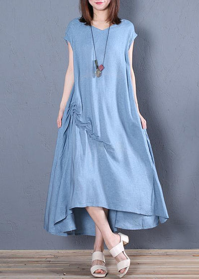 Organic blue cotton clothes For Women v neck Cinched loose Dresses - SooLinen