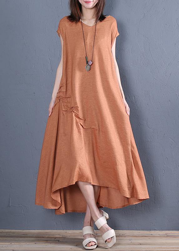 Organic blue cotton clothes For Women v neck Cinched loose Dresses - SooLinen