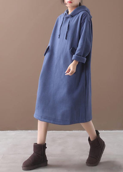 Organic blue false pockets cotton Wardrobes winter long hooded Dress - SooLinen