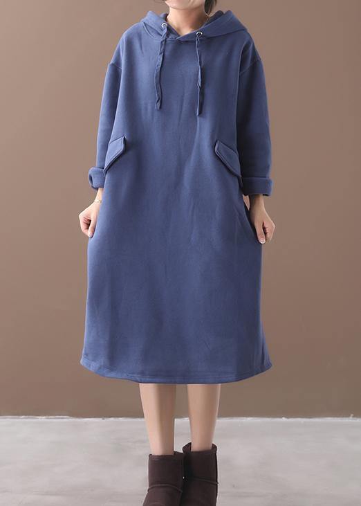 Organic blue false pockets cotton Wardrobes winter long hooded Dress - SooLinen