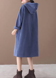 Organic blue false pockets cotton Wardrobes winter long hooded Dress - SooLinen