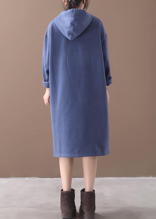 Organic blue false pockets cotton Wardrobes winter long hooded Dress - SooLinen