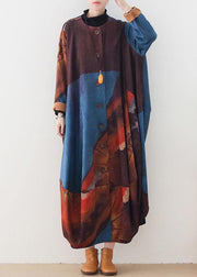 Organic blue print dresses o neck Batwing Sleeve Maxi fall Dress - SooLinen