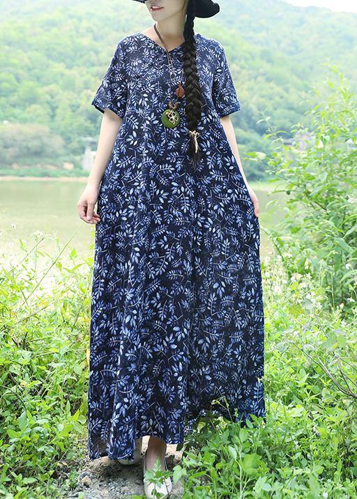 Organic blue print linen Robes Pakistani Work Chinese Button Maxi summer Dress - SooLinen