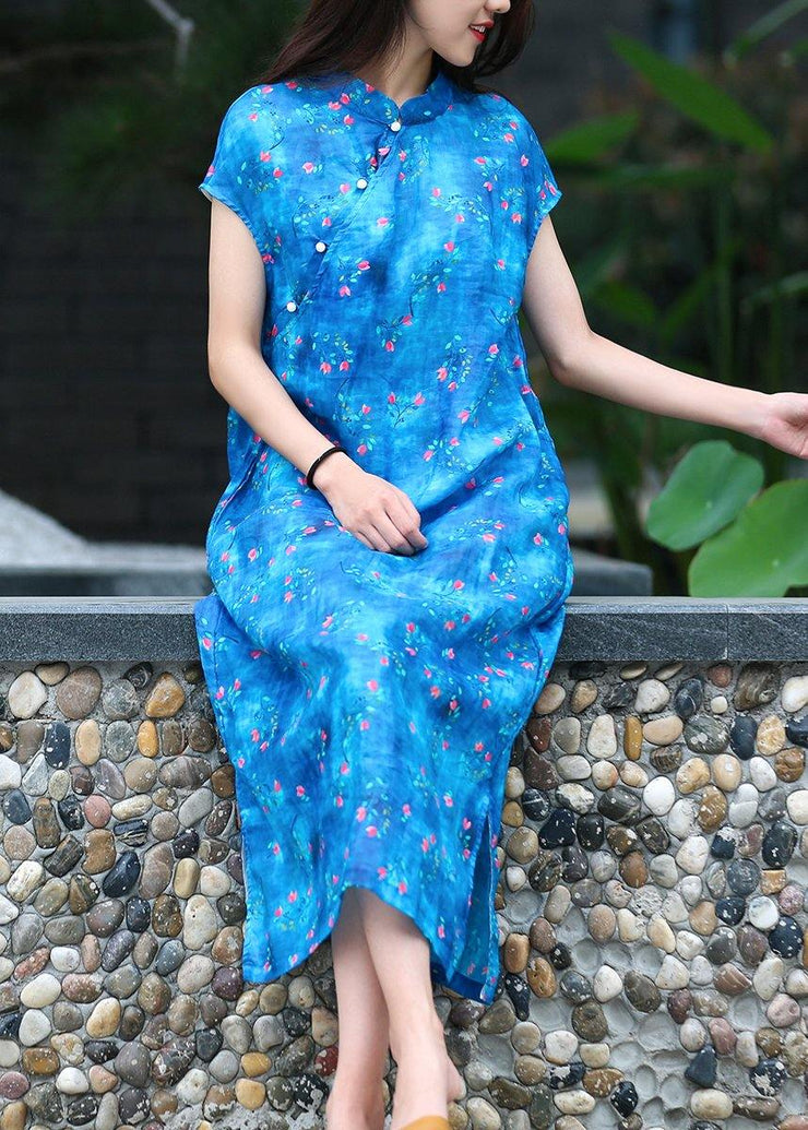 Organic blue print linen clothes For Women stand collar side open Kaftan Dresses - SooLinen