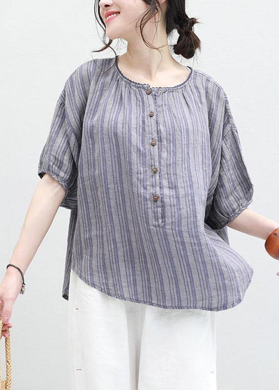 Organic blue striped linen box top o neck half sleeve oversized summer blouse - SooLinen