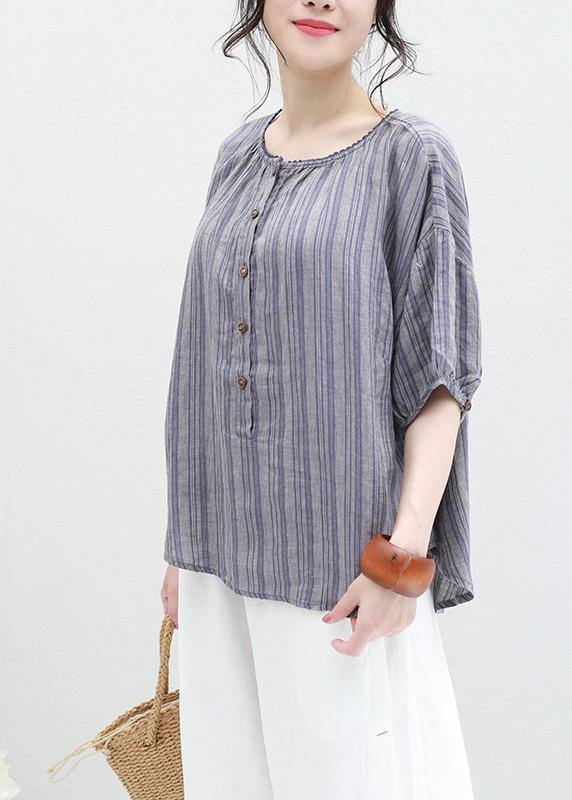 Organic blue striped linen box top o neck half sleeve oversized summer blouse - SooLinen