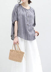 Organic blue striped linen box top o neck half sleeve oversized summer blouse - SooLinen