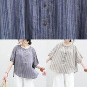 Organic blue striped linen box top o neck half sleeve oversized summer blouse - SooLinen