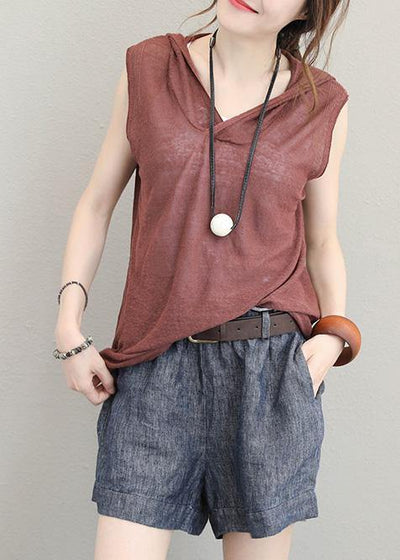 Organic brown cotton clothes For Women sleeveless short hooded blouse - SooLinen