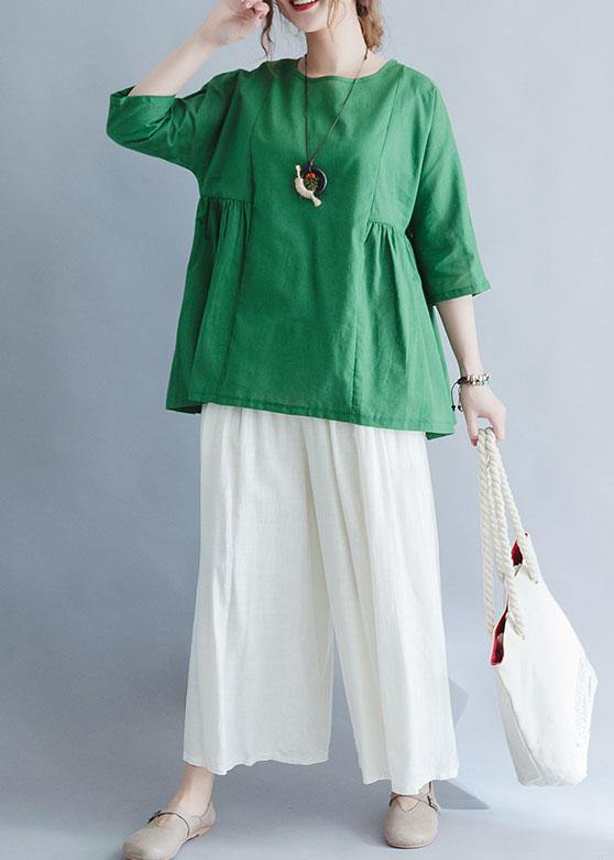 Organic green Cinched linen cotton tunic pattern Wardrobes half sleeve summer top - SooLinen