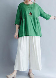 Organic green Cinched linen cotton tunic pattern Wardrobes half sleeve summer top - SooLinen