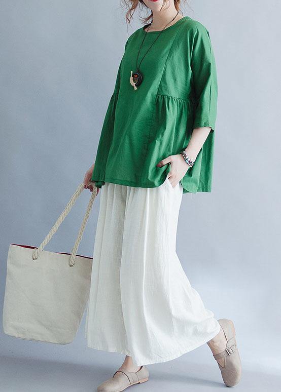 Organic green Cinched linen cotton tunic pattern Wardrobes half sleeve summer top - SooLinen