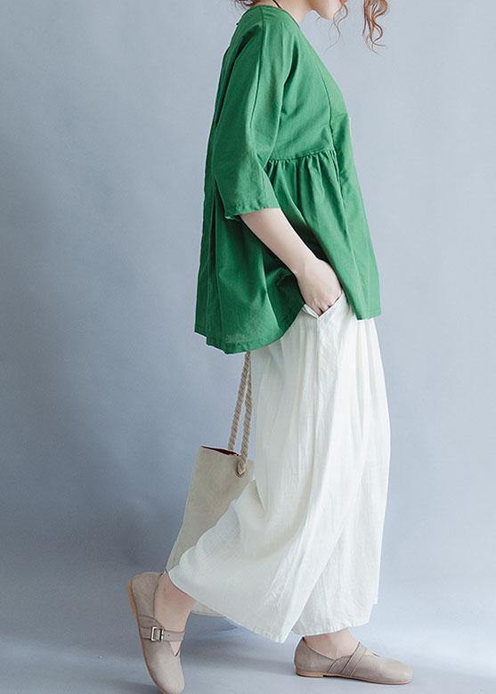 Organic green Cinched linen cotton tunic pattern Wardrobes half sleeve summer top - SooLinen