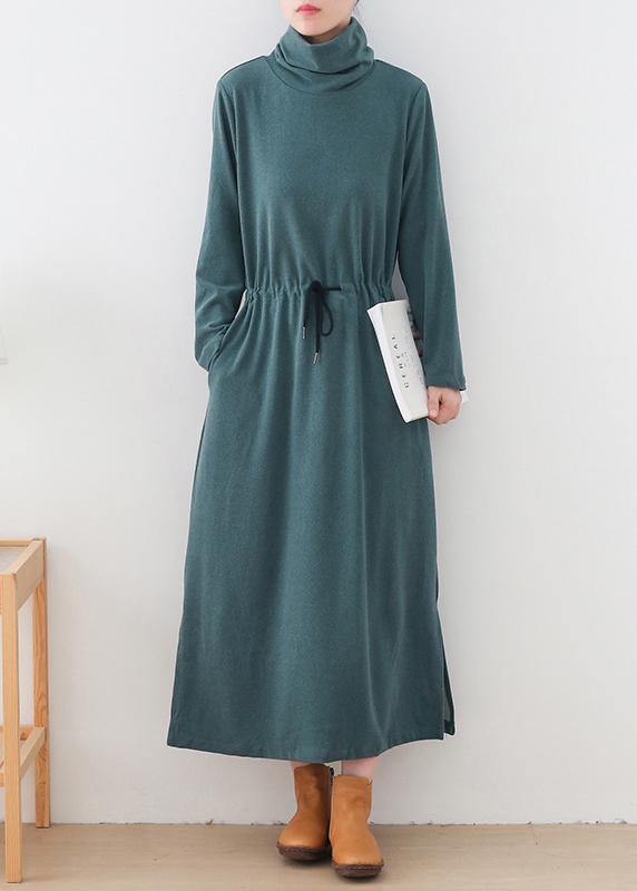 Organic high neck drawstring outfit Photography green Maxi Dresses - SooLinen