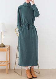 Organic high neck drawstring outfit Photography green Maxi Dresses - SooLinen