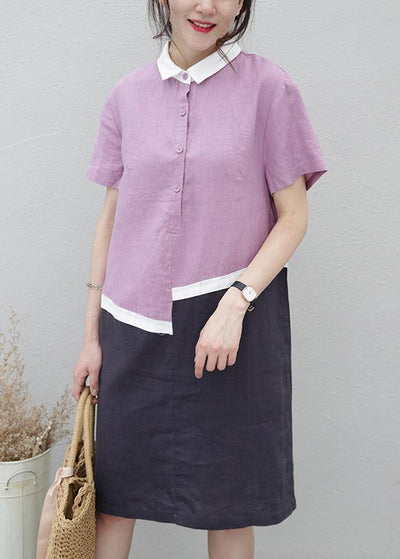 Organic lapel patchwork linen summerLong Shirts pattern purple Dress - SooLinen