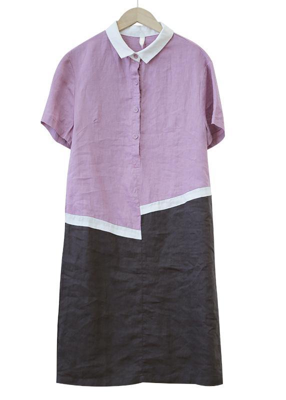 Organic lapel patchwork linen summerLong Shirts pattern purple Dress - SooLinen