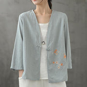 Organic light blue shirts v neck Chinese Button Knee blouse - SooLinen