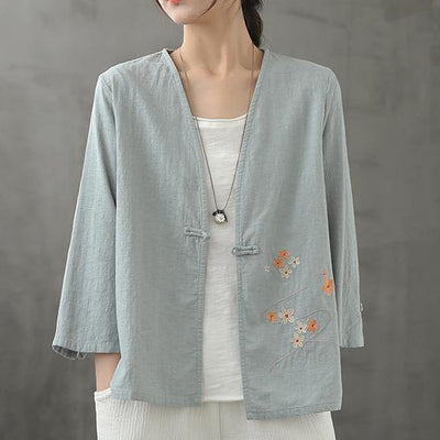 Organic light blue shirts v neck Chinese Button Knee blouse - SooLinen