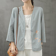 Organic light blue shirts v neck Chinese Button Knee blouse - SooLinen