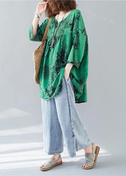 Organic loose cotton linen summerclothes green prints v neck loose blouse - SooLinen