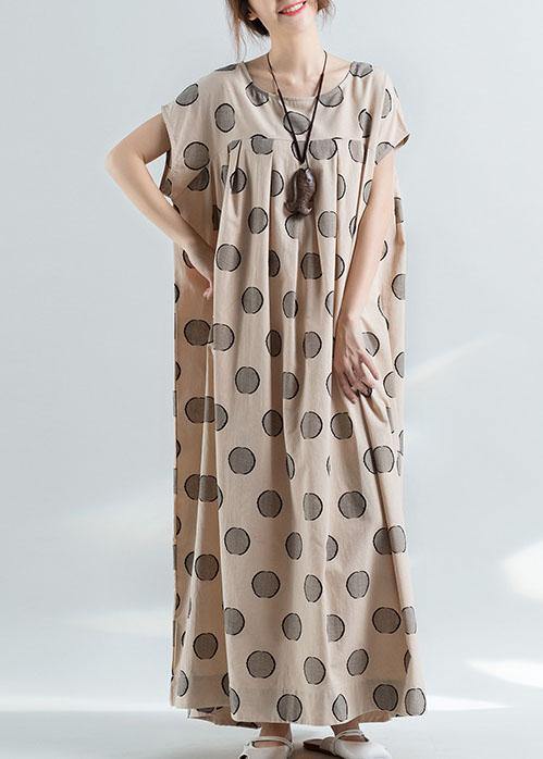 Organic nude dotted prints cotton tunic pattern loose waist Maxi summer Dress - SooLinen