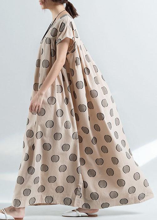 Organic nude dotted prints cotton tunic pattern loose waist Maxi summer Dress - SooLinen