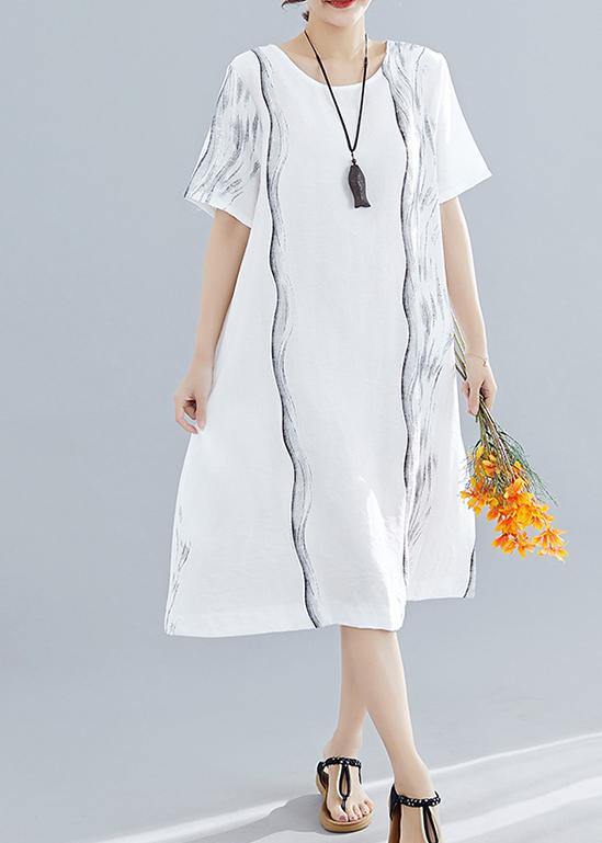 Organic o neck Cotton dresses Runway white print Dresses summer - SooLinen