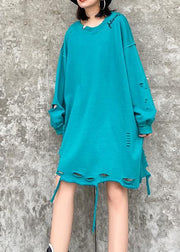 Organic o neck Hole spring Blouse blue green Knee shirt - SooLinen