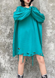 Organic o neck Hole spring Blouse blue green Knee shirt - SooLinen