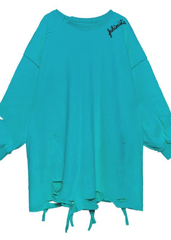 Organic o neck Hole spring Blouse blue green Knee shirt - SooLinen