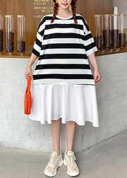 Organic o neck Ruffles summer tunics for women Work black white striped Dresses - SooLinen