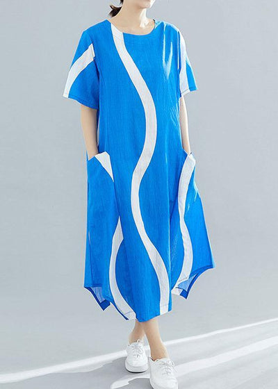 Organic o neck asymmetric cotton tunic top Runway blue striped Art Dresses summer - SooLinen