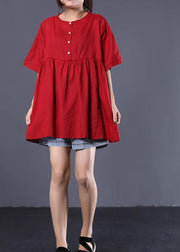 Organic o neck cotton shirts red short tops summer - SooLinen