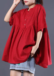 Organic o neck cotton shirts red short tops summer - SooLinen