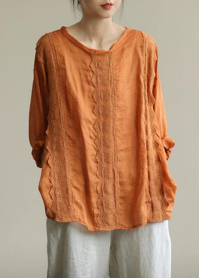 Organic o neck patchwork lace fall tunics for women Shirts orange shirts - SooLinen