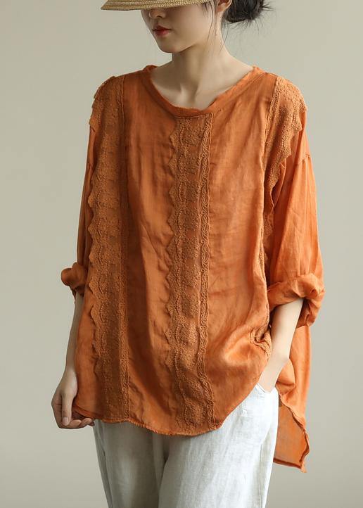 Organic o neck patchwork lace fall tunics for women Shirts orange shirts - SooLinen