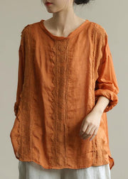 Organic o neck patchwork lace fall tunics for women Shirts orange shirts - SooLinen