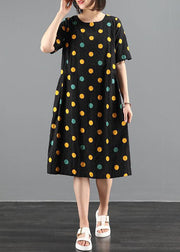 Organic o neck pockets clothes dress black dotted Dress - SooLinen