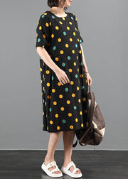 Organic o neck pockets clothes dress black dotted Dress - SooLinen